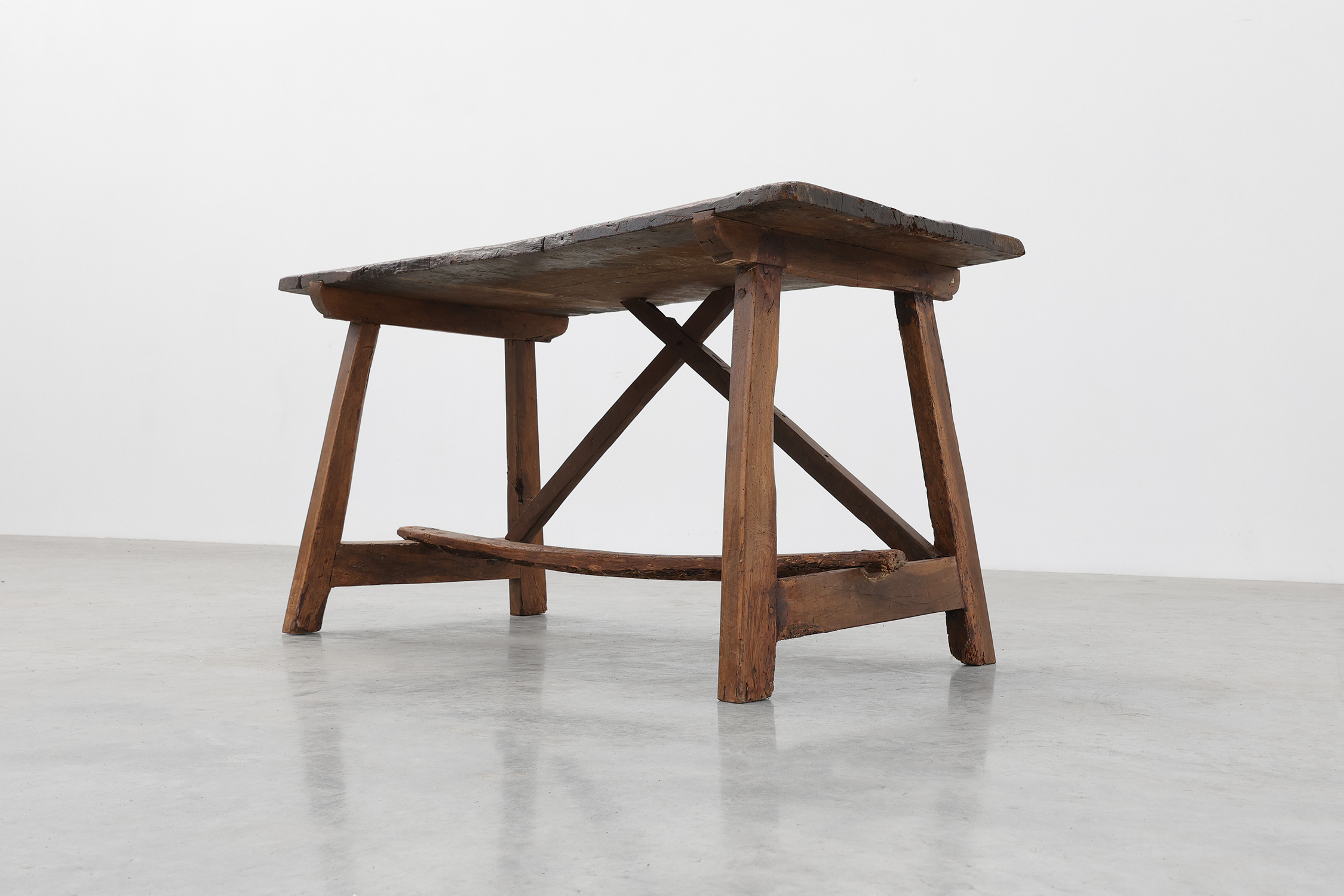 Spanish Rustic Trestle Table with Drawer and X-Stretchers, Spain, 19th Centurythumbnail